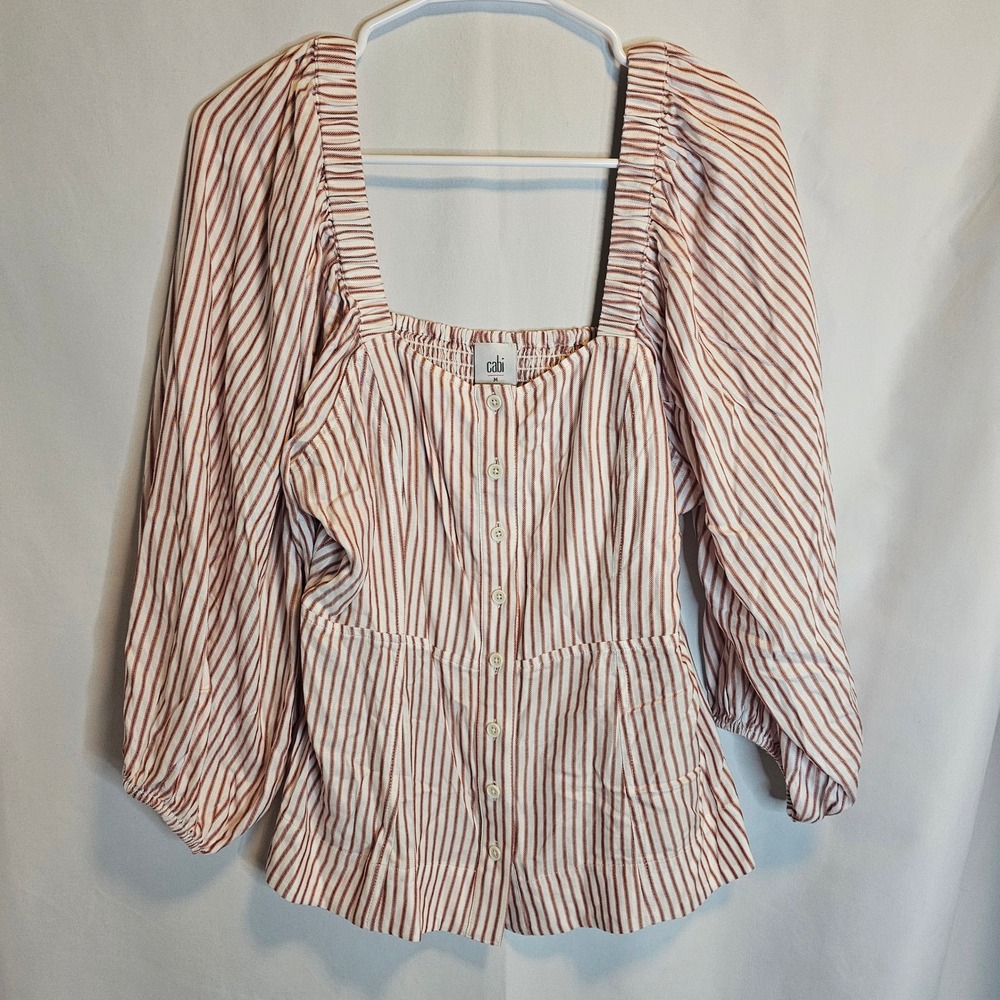 Cabi Womens Medium Striped Button Down Square Neck Blouse Long‎ Balloon Sleeves